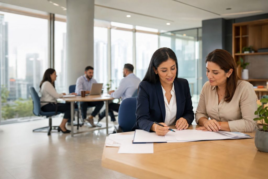 Especialista gestionando procesos administrativos de personal mientras el equipo se concentra en el crecimiento de la empresa.