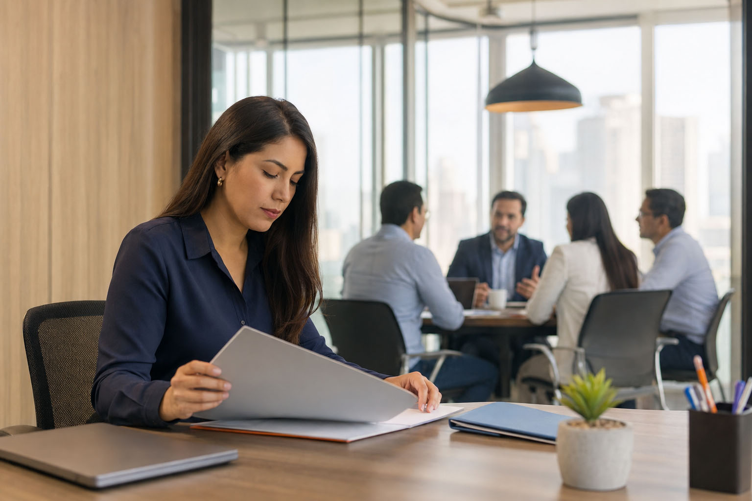 Especialista gestionando la planilla mientras el equipo de una empresa se concentra en actividades de crecimiento.