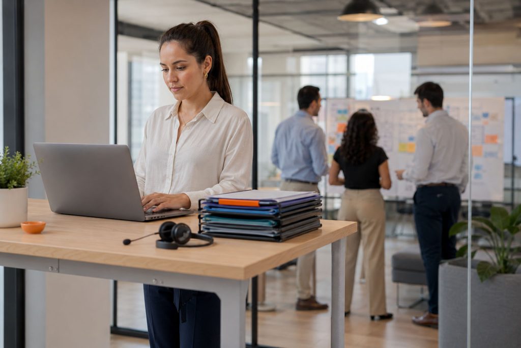 Especialista en recursos humanos gestiona procesos administrativos mientras el equipo de una empresa trabaja al fondo.
